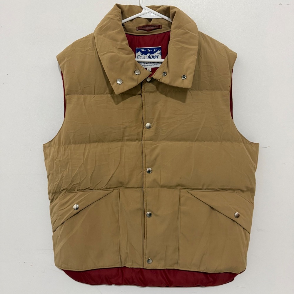 Vintage Down Wind Puffer Vest Mens Large Tan Khaki 80/20 Down Fill Snap Front